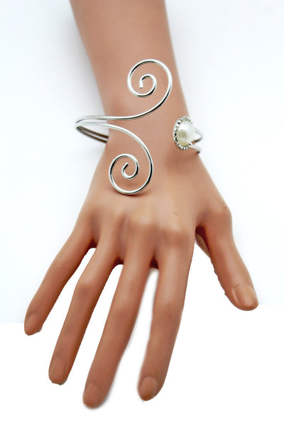 Silver Metal Cuff Bracelet Bangle Geometric Wrap Around Big Bead And Rhinestones Adjustable Women Fashion Jewelry Accessories - alwaystyle4you - 6