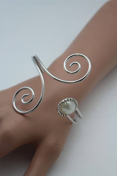 Silver Metal Cuff Bracelet Bangle Geometric Wrap Around Big Bead And Rhinestones Adjustable Women Fashion Jewelry Accessories - alwaystyle4you - 7