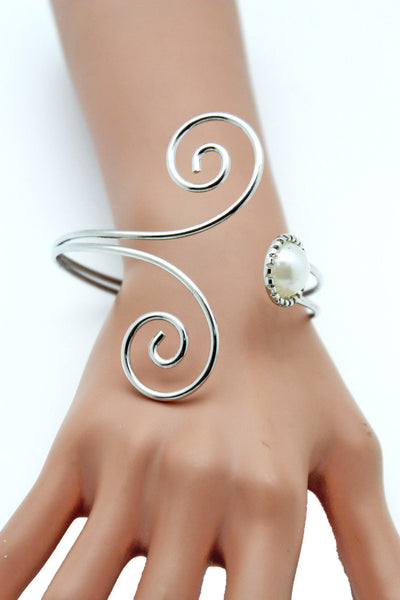 Silver Metal Cuff Bracelet Bangle Geometric Wrap Around Big Bead And Rhinestones Women Accessories