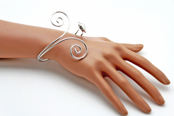 Silver Metal Cuff Bracelet Bangle Geometric Wrap Around Big Bead And Rhinestones Adjustable Women Fashion Jewelry Accessories - alwaystyle4you - 10