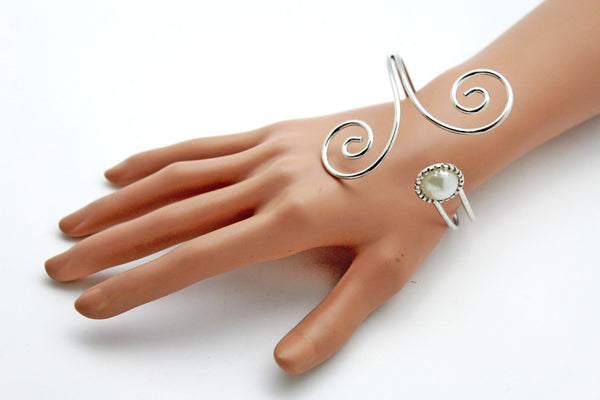 Silver Metal Cuff Bracelet Bangle Geometric Wrap Around Big Bead And Rhinestones Adjustable Women Fashion Jewelry Accessories - alwaystyle4you - 11