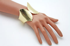 Gold Metal Yellow Cuff Bracelet Stripes Wings Fans Trendy New Women Fashion Jewelry Accessories - alwaystyle4you - 4