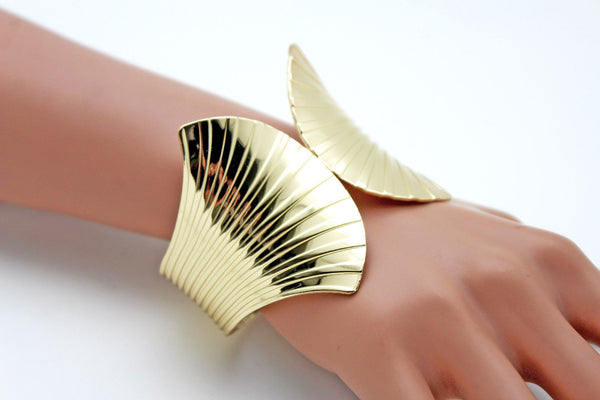 Gold Metal Yellow Cuff Bracelet Stripes Wings Fans Trendy New Women Fashion Jewelry Accessories - alwaystyle4you - 6