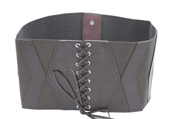 Dark Brown Black Brown Gold Faux Leather Elastic Back Wide Corset Belt Women Accessories S M
