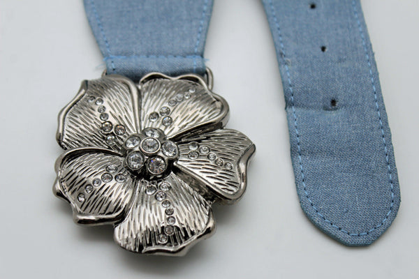 BLack / Light Blue Denim Fabric Belt Silver Big Flower Metal Statement Buckle New Women Fashion Accessories Size XS S - alwaystyle4you - 17
