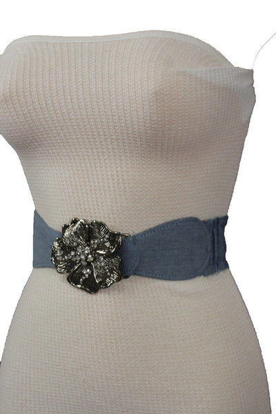BLack / Light Blue Denim Fabric Belt Silver Big Flower Metal Statement Buckle New Women Fashion Accessories Size XS S - alwaystyle4you - 18