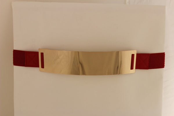 Light Brown (Mocha) / Dark Navy / Royal Blue / Gold Yellow / Black /Red / White Elastic Stretch Back High Waist Hip Belt Gold Metal Mirror Plate New Women Fashion Accessories Plus Size - alwaystyle4you - 56