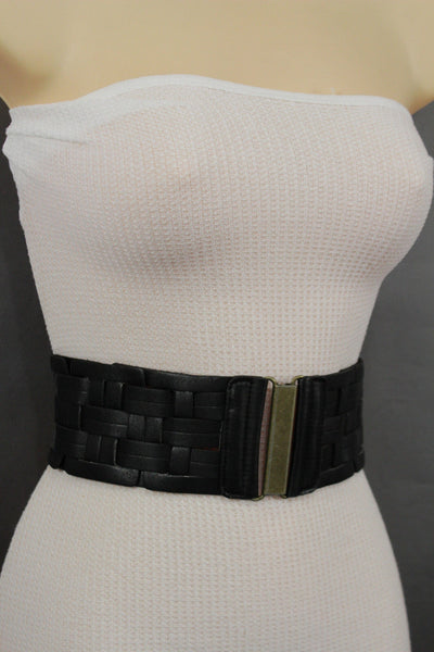 Black Braided Faux Leather Elastic Back Hip Waist Belt Big Antique Gold Buckle New Women Fashion Accessories M L - alwaystyle4you - 10