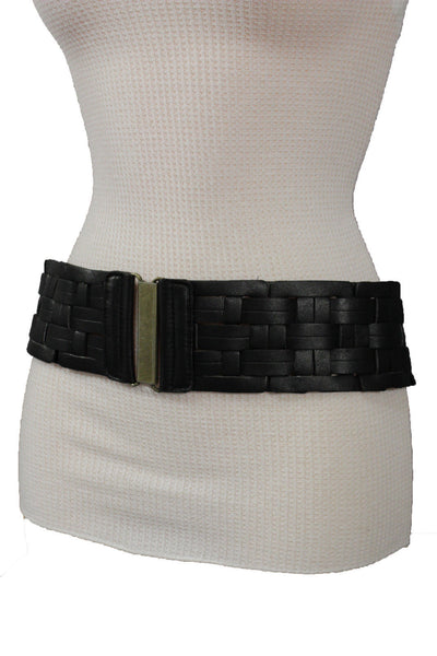Black Braided Faux Leather Elastic Back Hip Waist Belt Big Antique Gold Buckle New Women Fashion Accessories M L - alwaystyle4you - 11
