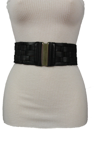 Black Braided Faux Leather Elastic Back Hip Waist Belt Big Antique Gold Buckle New Women Fashion Accessories M L - alwaystyle4you - 3