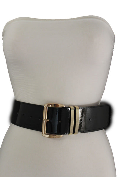 Mew Women Fashion Belt Hip Waist Shiny Black Faux Leather Silver Buckle M L XL Plus Size