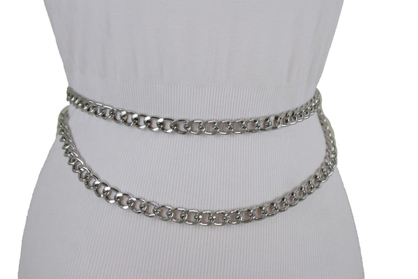 Silver Gold Black Women Belt Thick Metal Chunky Chain Link Side Wave Detail Fashion Accessories XS-XL