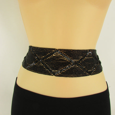 Women Fashion Belt Black Beads Wide Waistband Tie Wrap Around Waist Hip M L XL