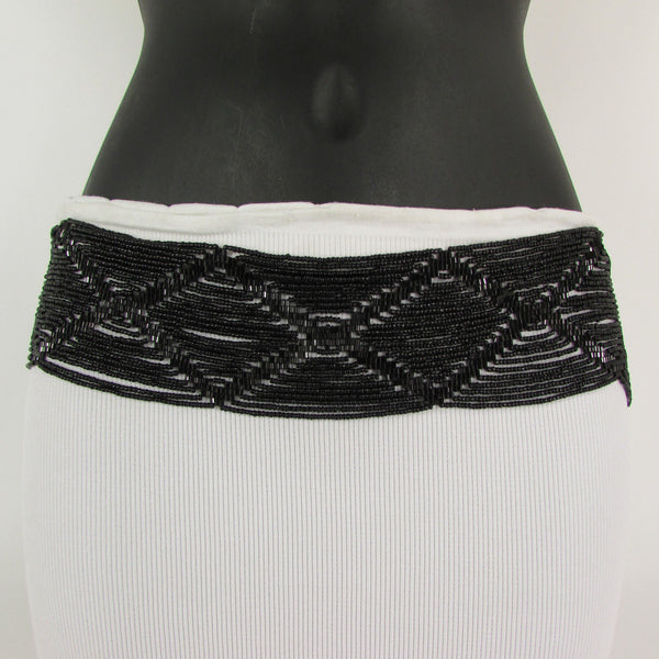 Women Fashion Belt Black Beads Wide Waistband Tie Wrap Around Waist Hip M L XL