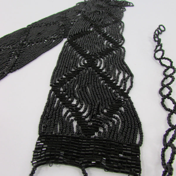 Women Fashion Belt Black Beads Wide Waistband Tie Wrap Around Waist Hip M L XL