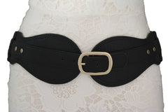 Black Hip Waist Wide Stretch Faux Leather Belt Gold Buckle New Women Fashion Accessories S M - alwaystyle4you - 4