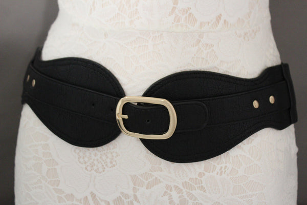 Black Hip Waist Wide Stretch Faux Leather Belt Gold Buckle New Women Fashion Accessories S M