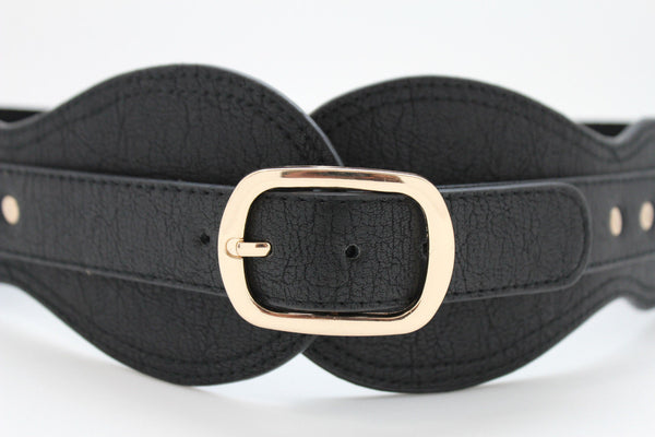 Black Hip Waist Wide Stretch Faux Leather Belt Gold Buckle New Women Fashion Accessories S M - alwaystyle4you - 2