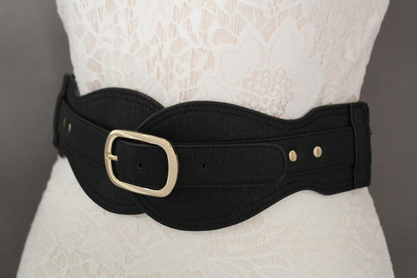 Black Hip Waist Wide Stretch Faux Leather Belt Gold Buckle New Women Fashion Accessories S M - alwaystyle4you - 9