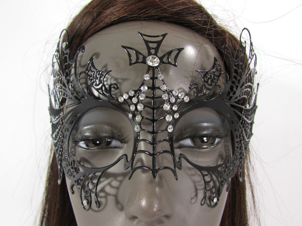 Black Metal Butterfly Wings Cross Net Silver Rhinestones Back Tie Halloween Women Accessories