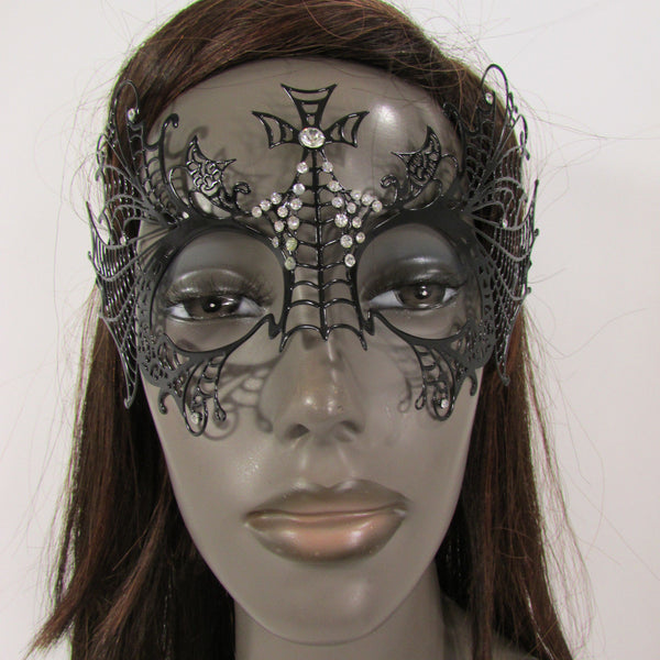 Black Metal Butterfly Wings Cross Net Silver Rhinestones Back Tie Halloween Women Accessories
