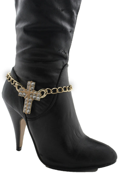 Gold Silver Boot Chain Bracelet Big Rhinestones Cross Western Shoe Accessory New Women Ffashion - alwaystyle4you - 12