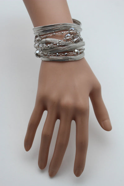 Gold Silver Metal Bracelet Mesh Chain 5 Strands Wide Wrist Beads New Women Fashion Jewelry Accessories - alwaystyle4you - 18