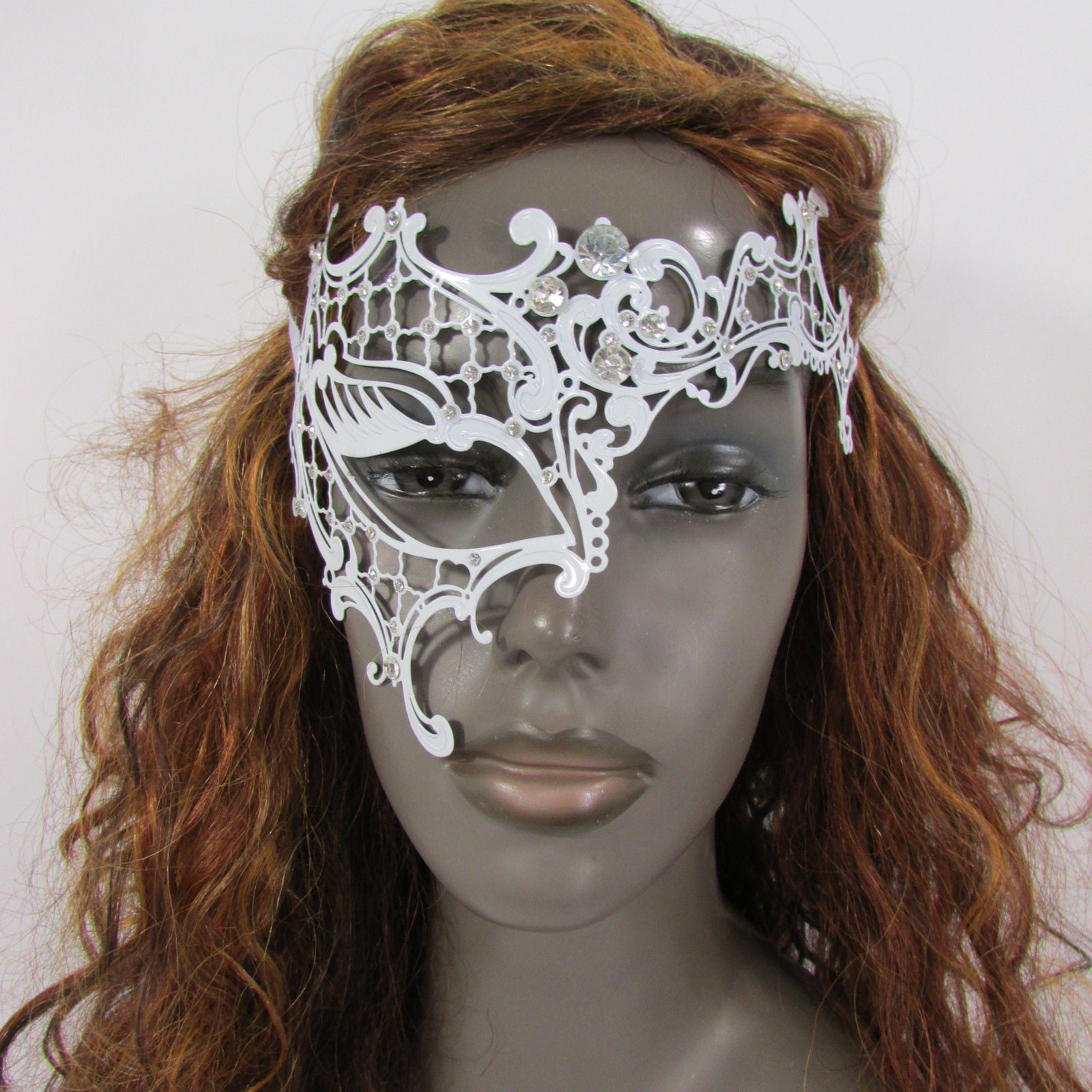 White Half Face Right Side Mask Rhinestones Back Tie Women