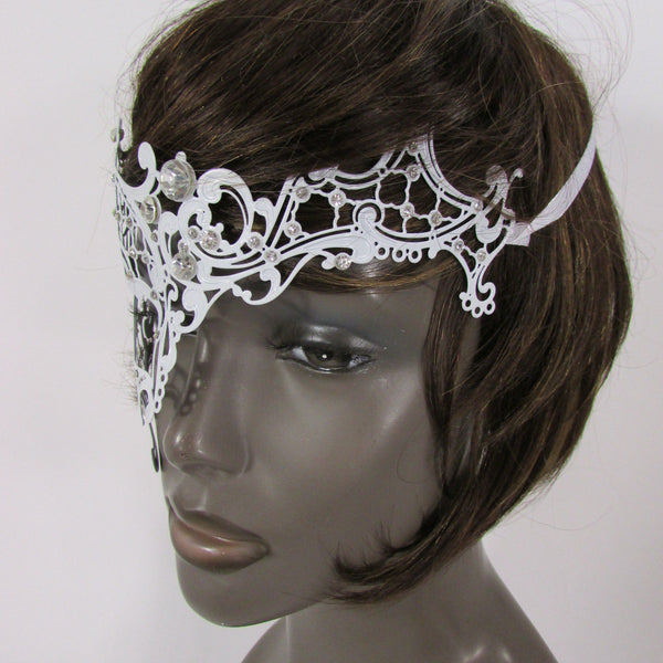 White Half Face Right Side Mask Rhinestones Back Tie Women Mardi Gras Halloween Accessories