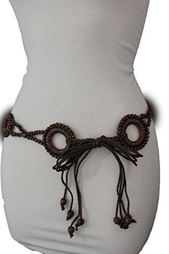 Dark Brown Hip High Waist Wood Beads Circles Tie Belt New Women Fashion Accessories Plus M L XL