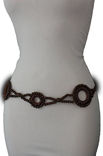 Dark Brown Hip High Waist Wood Beads Circles Tie Belt New Women Fashion Accessories Plus M L XL - alwaystyle4you - 3