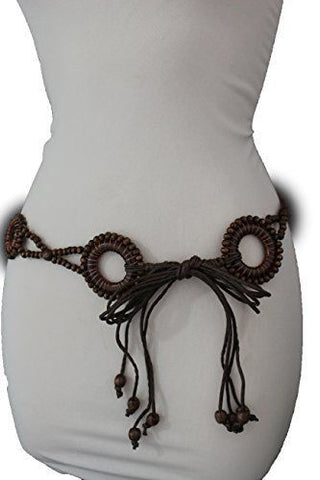 Dark Brown Hip High Waist Wood Beads Circles Tie Belt New Women Fashion Accessories Plus M L XL - alwaystyle4you - 1