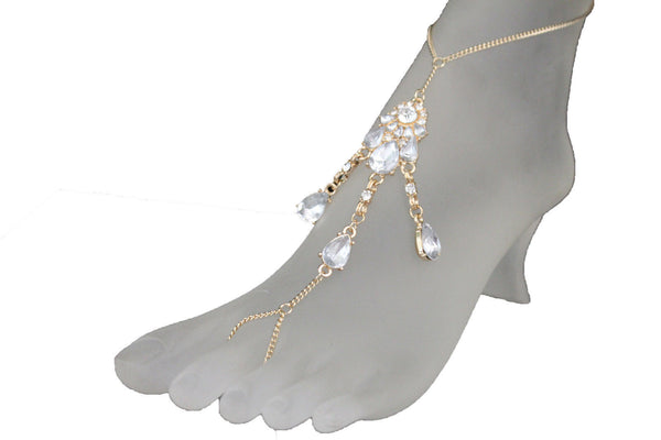 Gold Metal Chains Anklet Ethnic Bling Charm Foot Bracelet Clear Stones Women Fashion Accessories