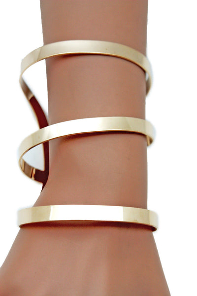 Gold Metal Bracelet Wrap Round Geometric Shapes 3 Stripes New Women Fashion Jewelry Accessories - alwaystyle4you - 5