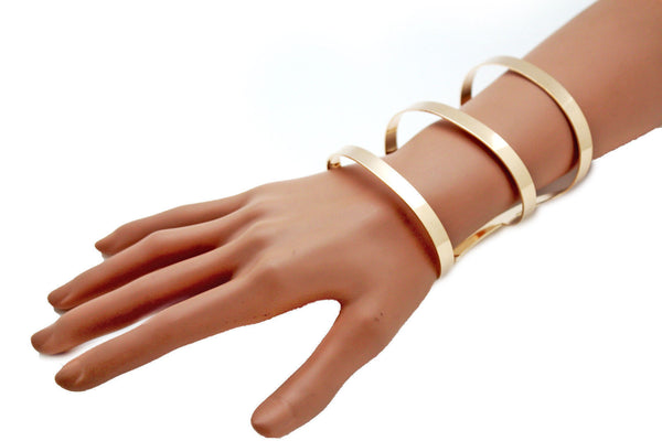 Gold Metal Bracelet Wrap Round Geometric Shapes 3 Stripes New Women Fashion Jewelry Accessories - alwaystyle4you - 11