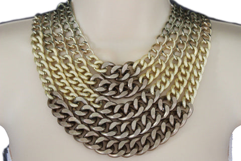 Gold Bronze Chunky Metal Chains 5 Strand Necklace + Earrings Set new Women  Fashion Jewelry - alwaystyle4you - 1