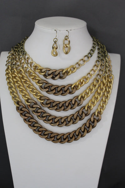 Gold Bronze Chunky Metal Chains 5 Strand Necklace + Earrings Set new Women  Fashion Jewelry - alwaystyle4you - 2