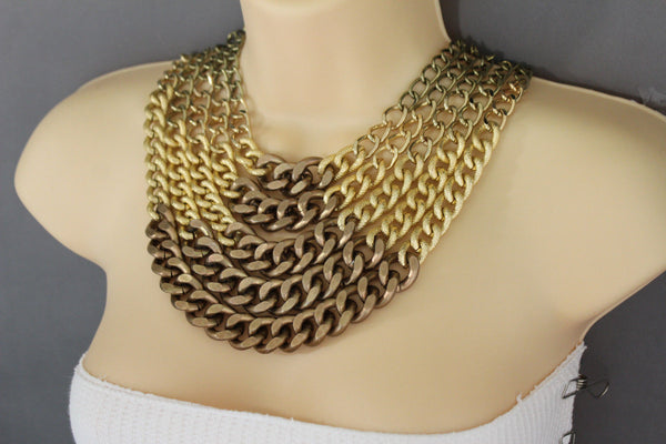 Gold Bronze Chunky Metal Chains 5 Strand Necklace + Earrings Set new Women  Fashion Jewelry - alwaystyle4you - 3