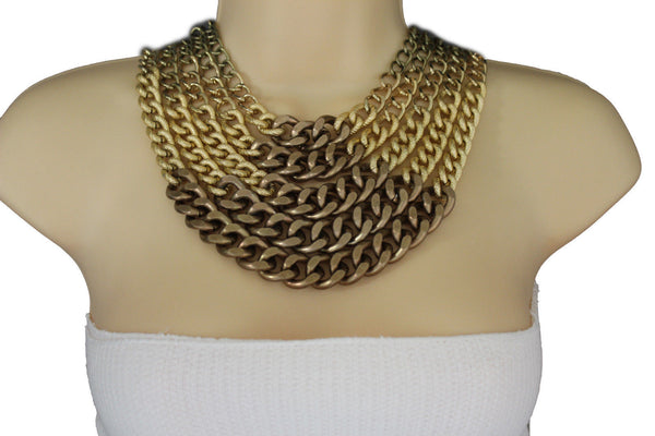 Gold Bronze Chunky Metal Chains 5 Strand Necklace + Earrings Set new Women  Fashion Jewelry - alwaystyle4you - 6