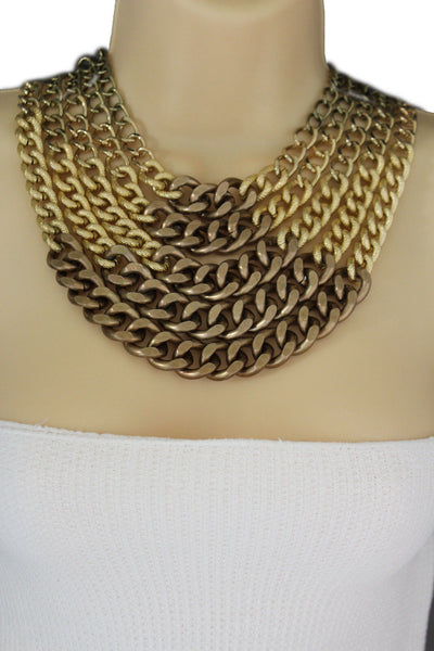 Gold Bronze Chunky Metal Chains 5 Strand Necklace + Earrings Set new Women  Fashion Jewelry - alwaystyle4you - 9