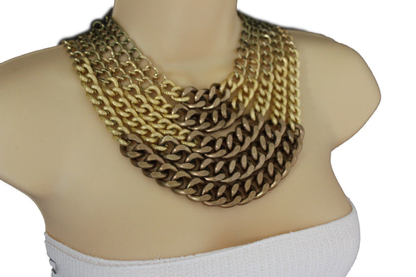 Gold Bronze Chunky Metal Chains 5 Strand Necklace + Earrings Set new Women  Fashion Jewelry - alwaystyle4you - 11