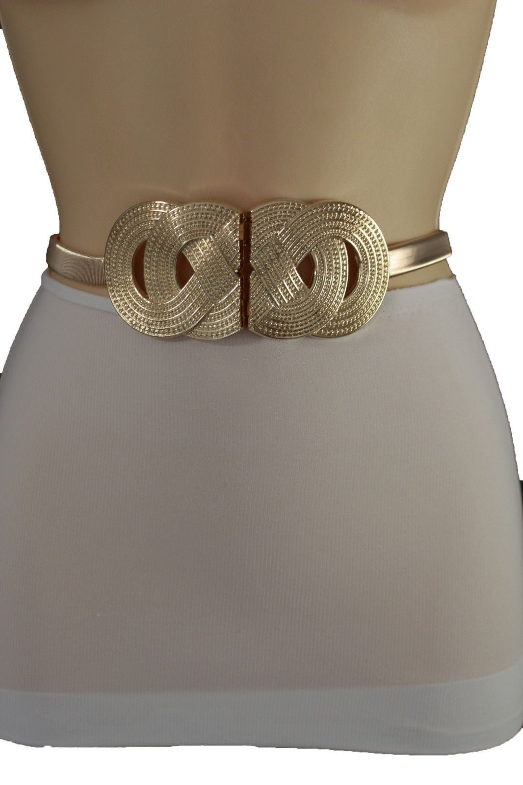 Silver Gold Metal Band Elastic Hip Waist Belt Big Braid Buckle Plus Size - Gold / Medium