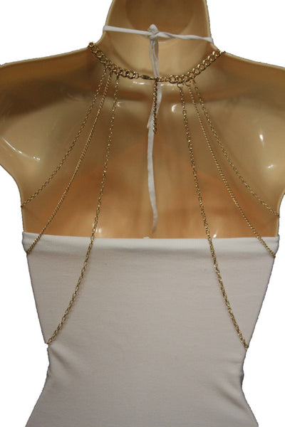 Women Gold Metal Body Chain Necklace Harness Flower Charm Pendant