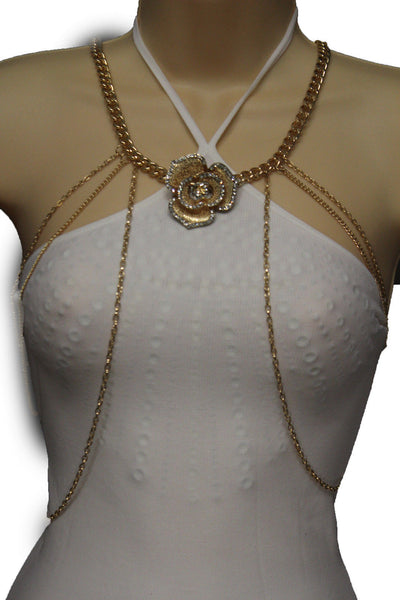 Women Gold Metal Body Chain Necklace Harness Flower Charm Pendant