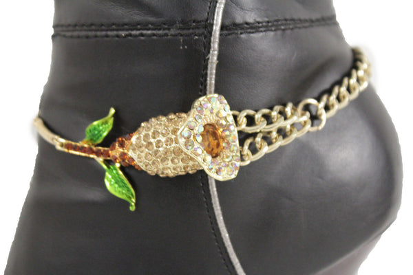 Gold Metal Boot Chain Bracelet Floral Shoe Strap Charm Lily Flower Fancy New Women Accessories