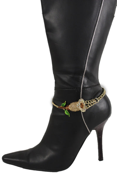 Gold Metal Boot Chain Bracelet Floral Shoe Strap Charm Lily Flower Fancy New Women Accessories