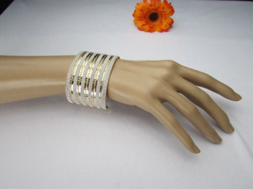 Gold Metal Cuff Bracelet Horizontal Silver Glitter Multi Stripes Fashion Women Jewelry Accessories - alwaystyle4you - 2