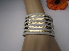 Gold Metal Cuff Bracelet Horizontal Silver Glitter Multi Stripes Fashion New Women Jewelry Accessories - alwaystyle4you - 3