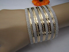 Gold Metal Cuff Bracelet Horizontal Silver Glitter Multi Stripes Fashion New Women Jewelry Accessories - alwaystyle4you - 1