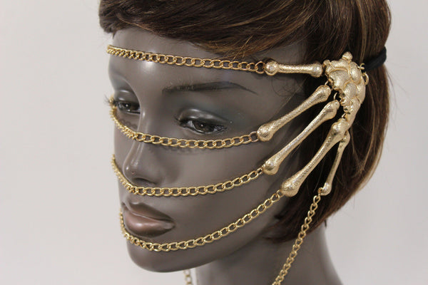 Gold Metal Head Chain Elastic Cover Face Mask Gold Skeleton Hand New Women Accessories